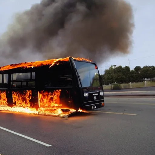 Prompt: bus on fire, flames