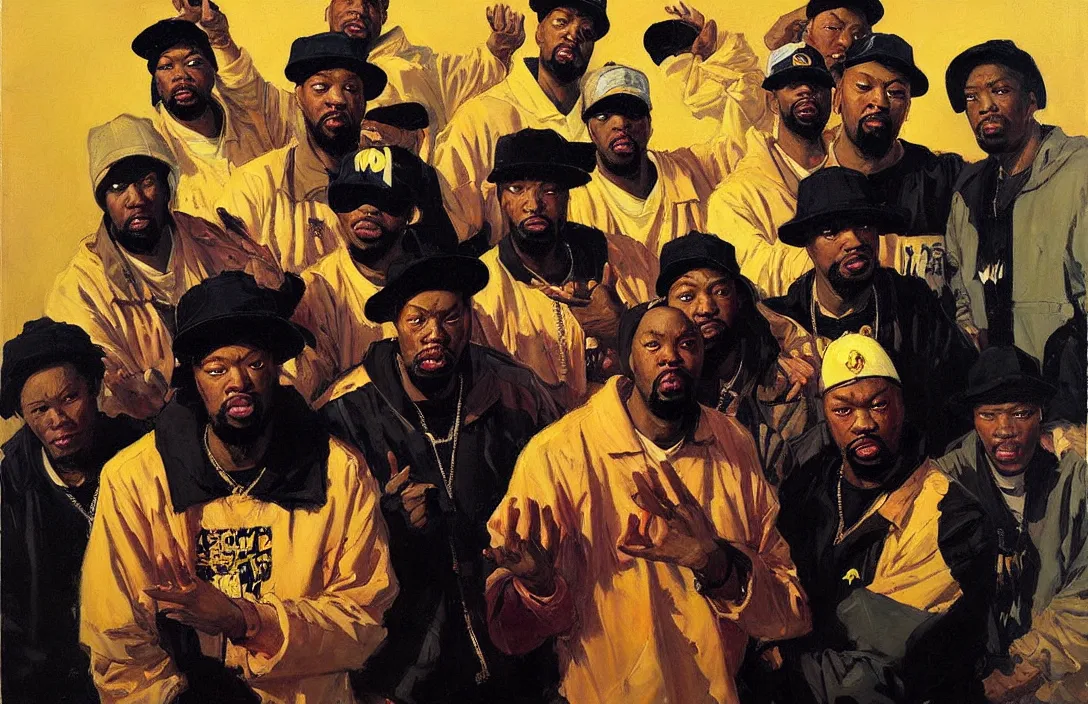 Image similar to portrait of wu - tang clan!!!!!!!!!!!!!!!!!!!!!!!!!!!, detailed face, detailed painting,, epic lighting, by ilya repin, phil hale and kent williams