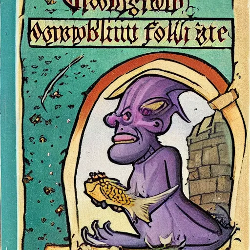 Prompt: a goblin talking to a fish in a medieval castle, book cover