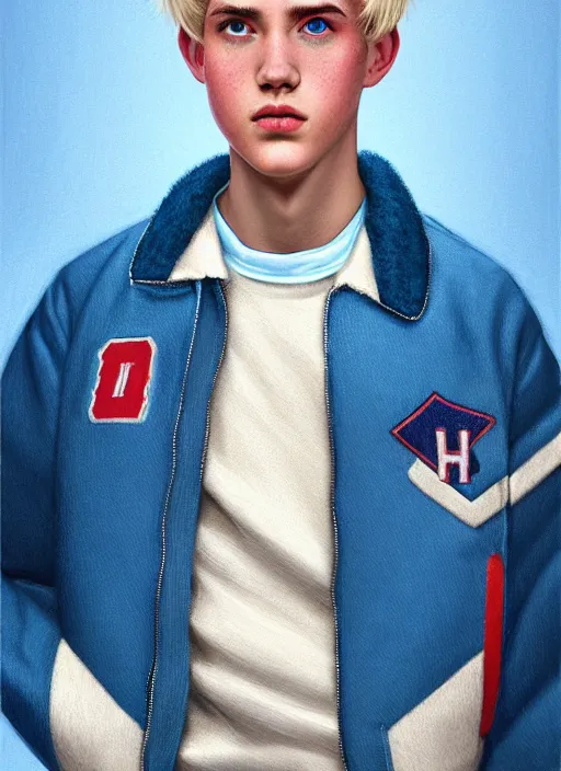 Prompt: portrait of a high school senior boy named moose mason, blonde short hair, jock, beefy, square jaw, square facial structure, 1 9 5 0 s, blue varsity jacket, intricate, elegant, glowing lights, highly detailed, digital painting, artstation, concept art, smooth, sharp focus, illustration, art by wlop, mars ravelo and greg rutkowski