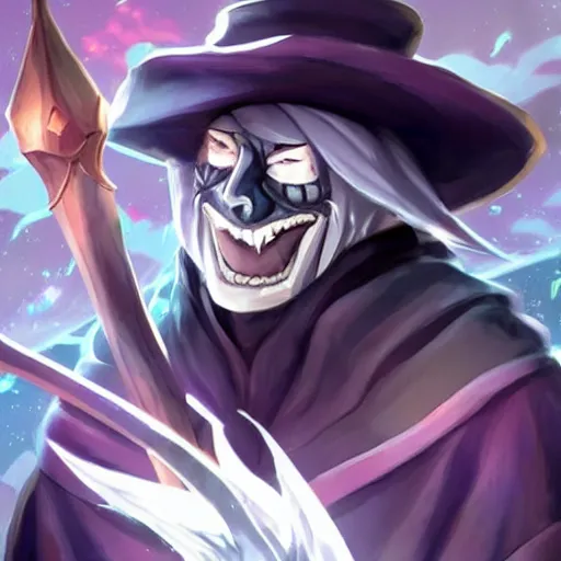 Image similar to Karthus from League of Legends holding a magical staff, laughing, anime art style