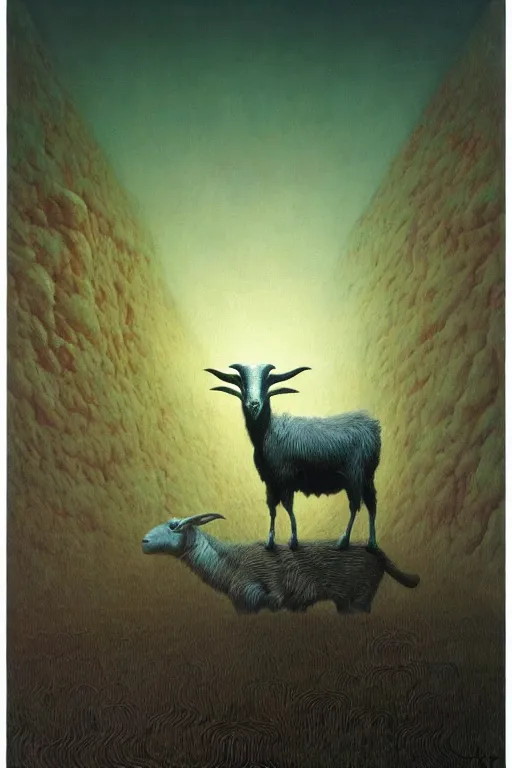 Image similar to painting of hybrid between human andy milonakis and a goat, by zdzislaw beksinski, by tiffany bozic, cold hue's, warm tone gradient background, concept art, beautiful composition, digital painting