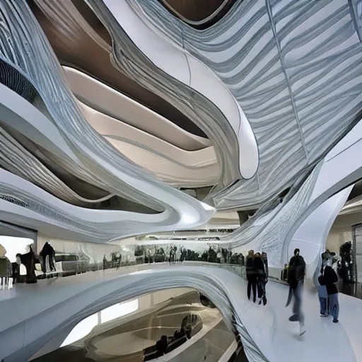 Image similar to extremely detailed ornate stunning beautiful elegant futuristic museum lobby interior by Zaha Hadid