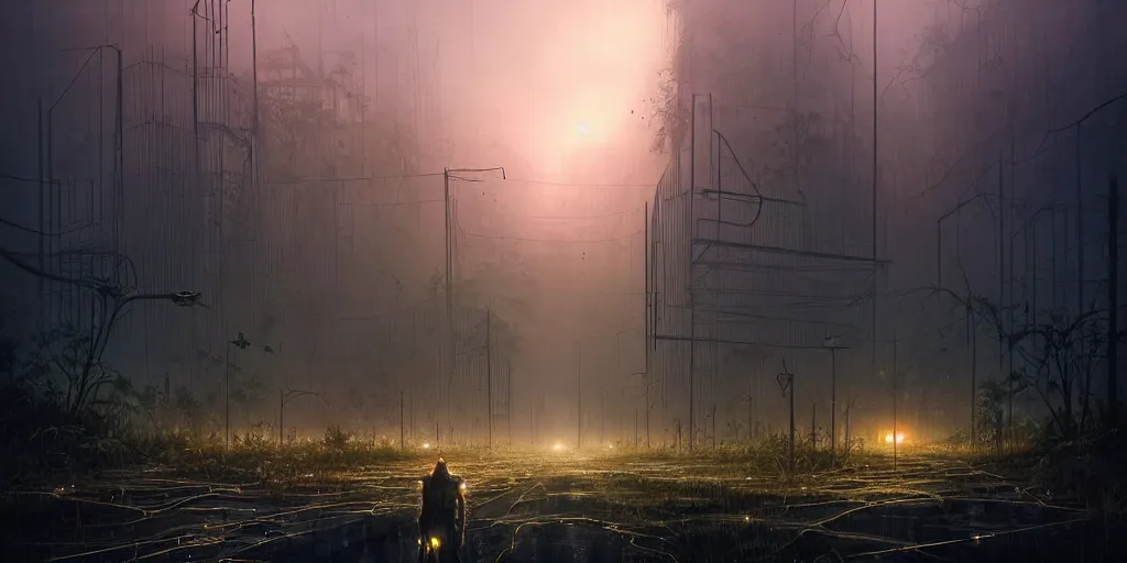 Image similar to ruins of a modern city at dusk, overgrown, cracked roads with weeds, glowing fungus, misty, glowing horizon, fireflies, ultra high definition, ultra detailed, symmetry, sci - fi, dark fantasy, by greg rutkowski and ross tran