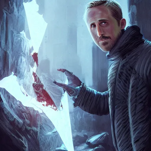 Prompt: ryan gosling kills the night king, high detail, elegant, digital painting, cinematic lighting, vibrant, intricate, textured skin, highly detailed, artstation, sharp, focus, hdr, unreal engine 5, breathtaking, illustration, anna dittmann, ilya kuvshinov, nikolay makovsky