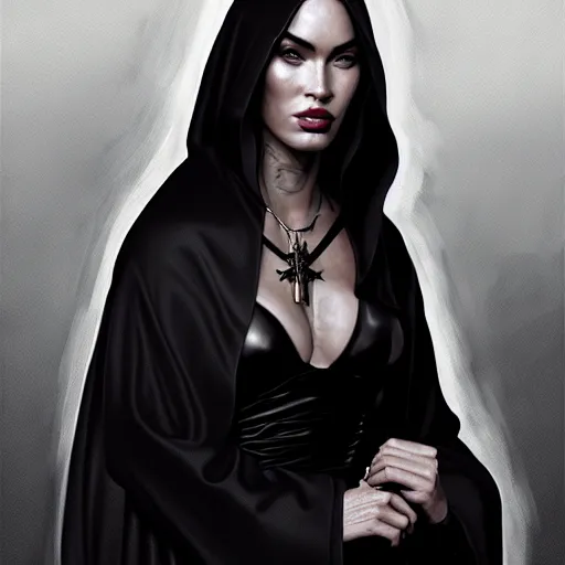 Image similar to portrait of megan fox as a nun, in tight black robe, muscular upper body, collar, greek, jewelry, black dress, fantasy, intricate, elegant, highly detailed, digital painting, artstation, concept art, matte, sharp focus, illustration, art by aenaluck and roberto ferri and greg rutkowski, epic fantasy, digital painting