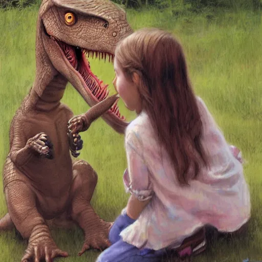 Prompt: dinosaur playing with a young girl by James Gurney