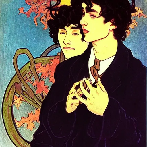 Image similar to painting of young cute handsome beautiful dark medium wavy hair man in his 2 0 s named shadow taehyung and cute handsome beautiful min - jun together at the halloween! party, bubbling cauldron!, candles!, smoke, autumn! colors, elegant, wearing suits!, delicate facial features, art by alphonse mucha, vincent van gogh, egon schiele