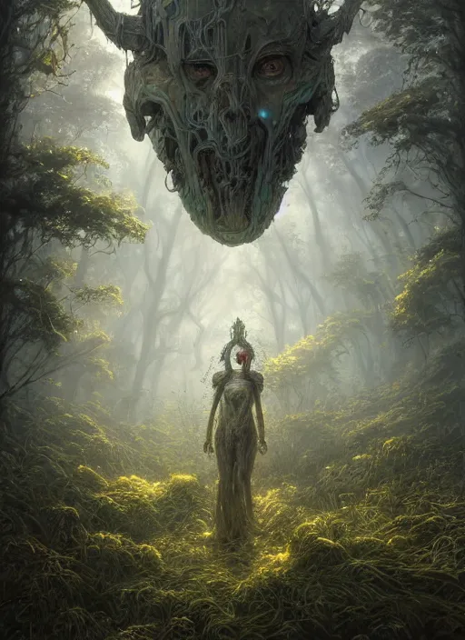 Prompt: Portrait of an Ancient overgrown Robot laying in a clearing, extremly detailed digital painting, sunlight, in the style of Tomasz Alen Kopera and Fenghua Zhong and Peter Mohrbacher, mystical colors, rim light, beautiful lighting, 8k, stunning scene, raytracing, octane, trending on artstation