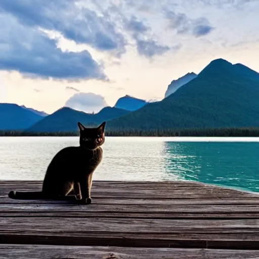 Image similar to two cats staring off into the distance on a wooden dock, in the background is a beautiful view of a crystal clear lake and a mountain range