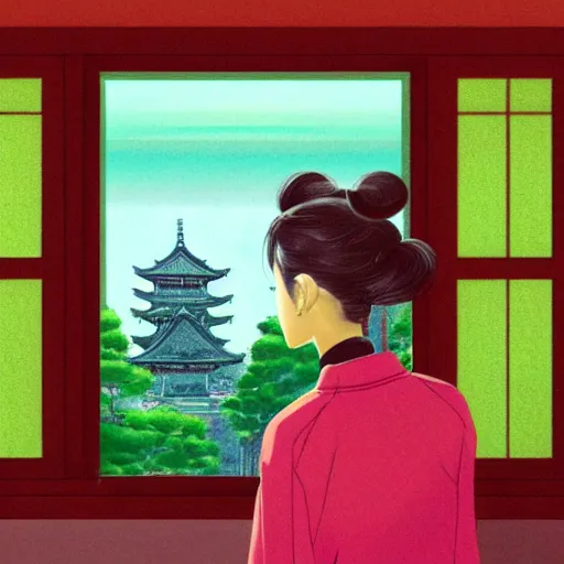 Image similar to zeenchin style painted of a girl in japan, looking out a window at a temple garden filled with yokai and spirits, trending on artstation - w 8 9 6