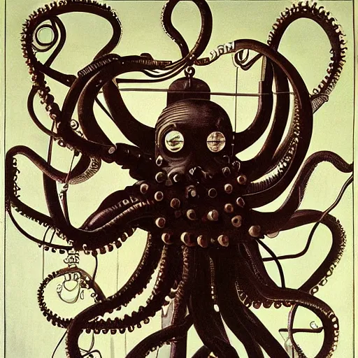 Prompt: cybernetic overlord octopus overseeing human techno slaves, by caravaggio