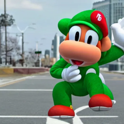 Image similar to photo of yoshi getting arrested for committing tax fraud, BuzzFeed photo (2022)