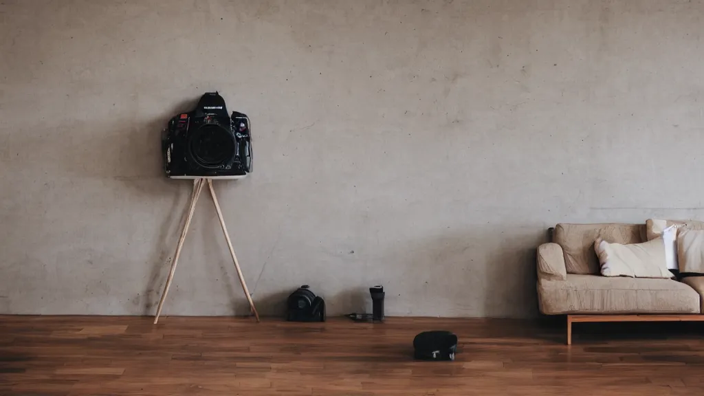 Image similar to dslr photograph of a living room, wooden floor, concrete wall