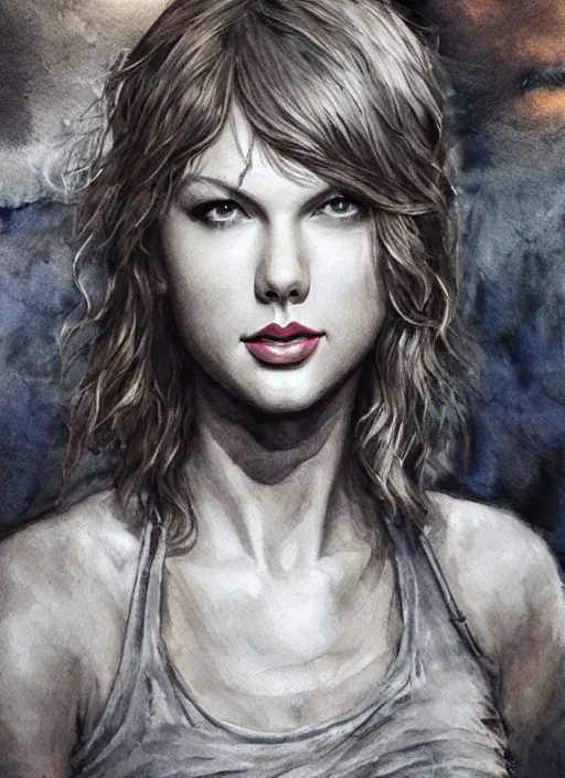 Image similar to portrait, Taylor Swift in the Last of Us universe, watercolor, dramatic lighting, cinematic, establishing shot, extremely high detail, foto realistic, cinematic lighting, pen and ink, intricate line drawings, by Yoshitaka Amano, Ruan Jia, Kentaro Miura, Artgerm, post processed, concept art, artstation, matte painting, style by eddie mendoza, raphael lacoste, alex ross