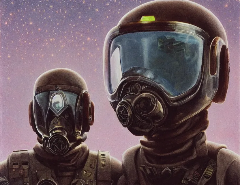 Prompt: a detailed portrait painting of a lone bounty hunter pilot wearing combat armour, gas mask and a reflective visor. Glass. Head and chest only. Movie scene, cinematic sci-fi scene. Flight suit, cloth and metal, accurate anatomy. portrait symmetrical and science fiction theme with lightning, aurora lighting. clouds and stars. Futurism by beksinski carl spitzweg moebius and tuomas korpi. baroque elements. baroque element. intricate artwork by caravaggio. Oil painting. Trending on artstation. 8k