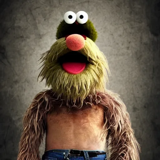 Image similar to a still of a forgotten muppet character looking very manly and modern, hilarious, laughing, hairy chest, huge chin, manly monster tough guy, roughled fur, photo real, photographic, photograph, artstation, trending, featured