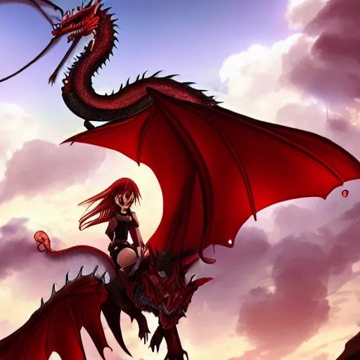 Image similar to a girl riding a dragon, the dragon is red, anime art, smooth, hd