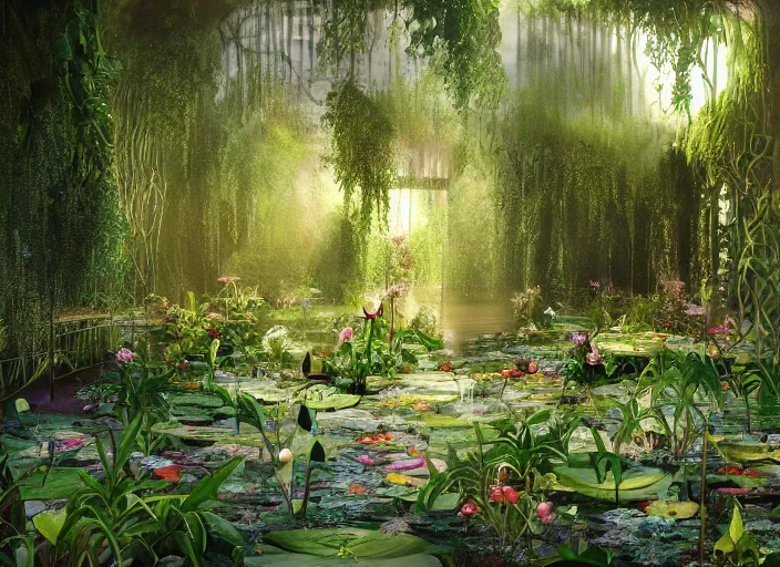 Image similar to A flooded ballroom overgrown with aquatic plants, flowers, lily pads, vines, majestic, dramatic lighting, digital art, trending on Artstation