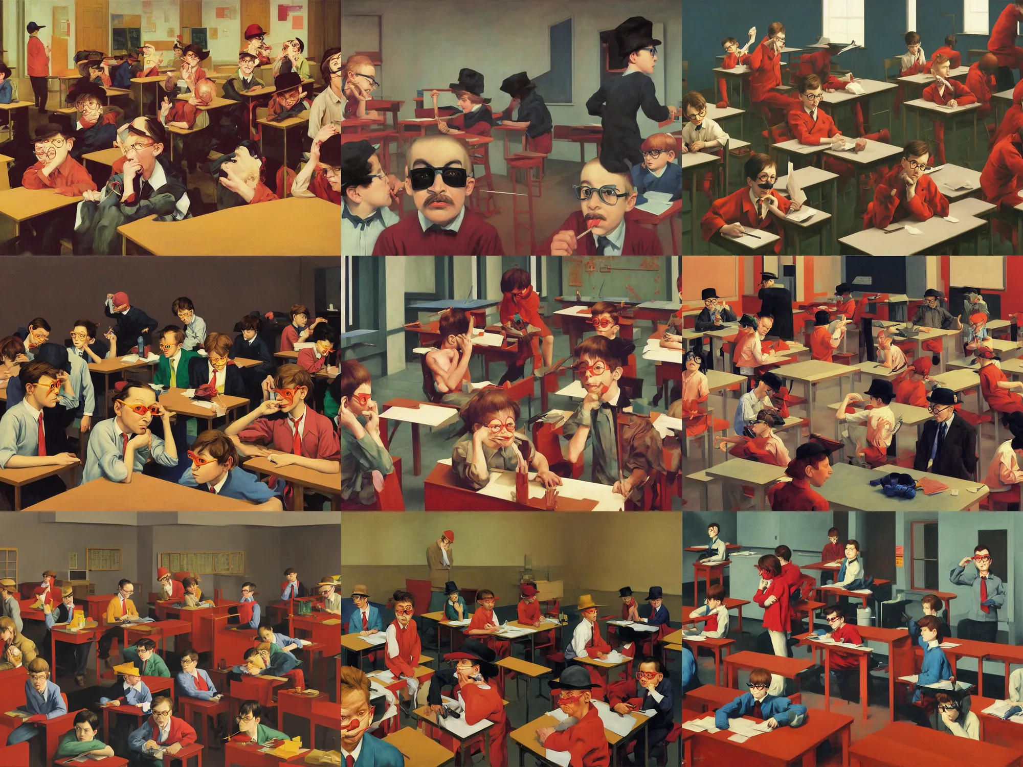 Prompt: boys disguised with groucho glasses in a classroom  in the style of Edward Hopper and James Gilleard, Zdzislaw Beksinski, highly detailed, painted by Francis Bacon, painted by James Gilleard, surrealism, airbrush, Ilya Kuvshinov, WLOP, Stanley Artgerm, very coherent, art by Takato Yamamoto and James Jean