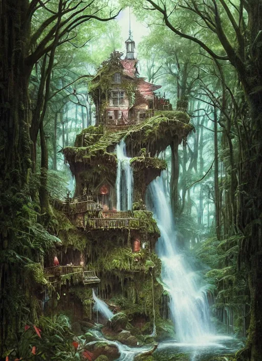 Image similar to a hyper realistic architectural witch shrine under a waterfall in the woods, gorgeous lighting, lush forest foliage, painting by chiara bautista and tom bagshaw, muca beksinski and norman rockwell and greg rutkowski weta studio, and lucasfilm