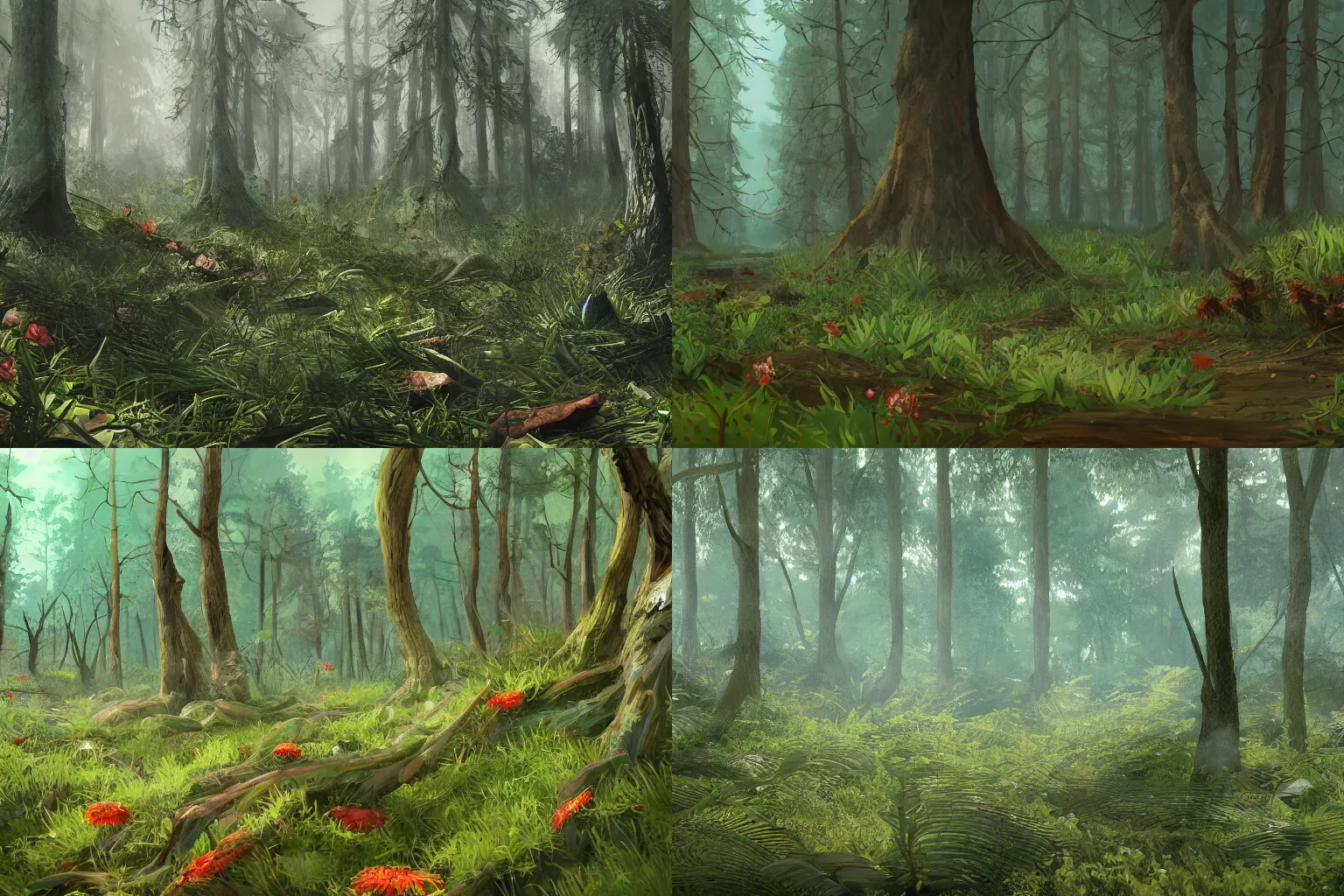 Prompt: rough forest full of disgusting flora, 4K trending on ArtStation