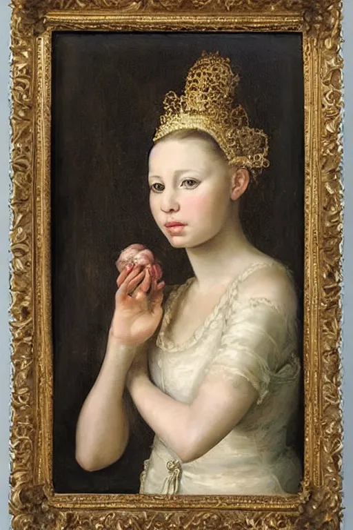 Prompt: beautiful garlic princess portrait, baroque painting, young, dainty, elegant