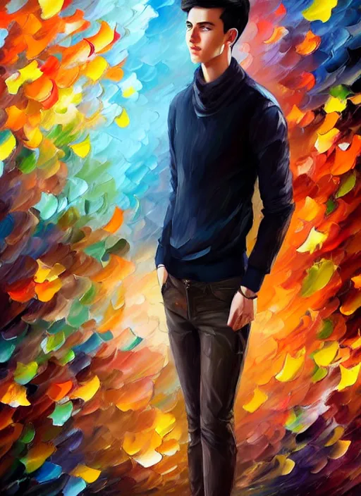 Image similar to handsome young man with short black hair, male, full detailed clothing, half body shot, arms down, path traced, highly detailed, high quality, digital painting, alena aenami, leonid afremov, lilia alvarado, shinji aramaki, karol bak