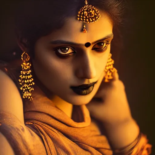 Image similar to photographic portrait of a stunningly beautiful gothic south indian female in soft dreamy light at sunset, contemporary fashion shoot, by edward robert hughes, annie leibovitz and steve mccurry, david lazar, jimmy nelsson, breathtaking, 8 k resolution, extremely detailed, beautiful, establishing shot, artistic, hyperrealistic, beautiful face, octane render