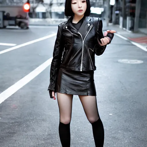 Image similar to a dynamic, epic cinematic 8K HD movie shot of a japanese young J-Pop idol girl wearing leather jacket, miniskirt, nylon tights and high heels boots. Motion, VFX, Inspirational arthouse