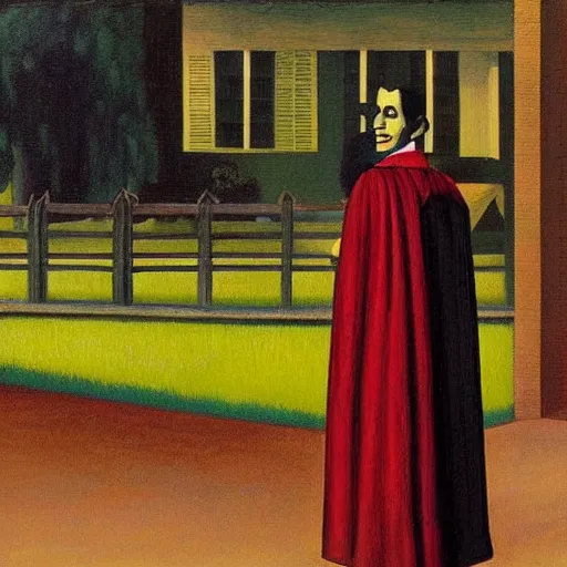 Image similar to grant wood's painting of dracula on the porch of a southern plantation, proudly gazing out on his cotton fields. he is pale, with black hair and a black and red cape.