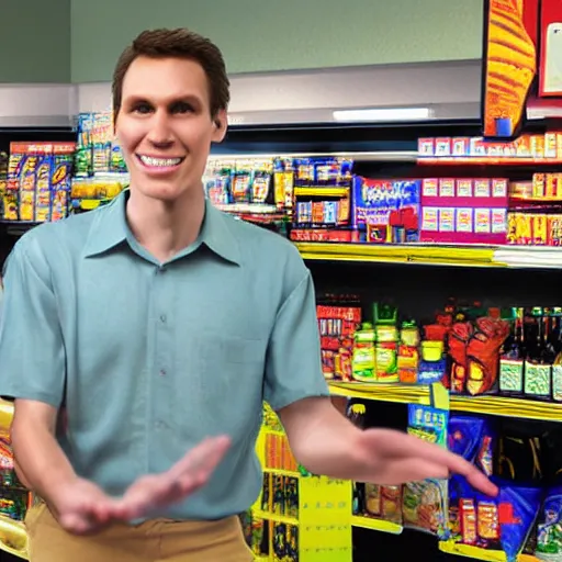 Prompt: Jerma985 robbing a 711, convenience store checkout background, Jerma, high resolution photograph