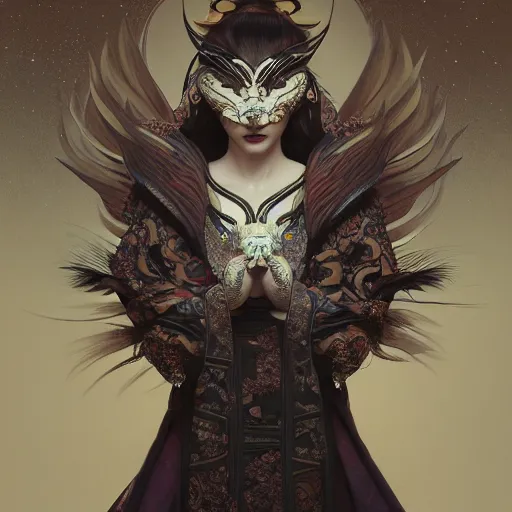 Image similar to a photorealistic dramatic fantasy render of a beautiful woman wearing a beautiful intricately detailed japanese rabbit kitsune mask and clasical japanese kimono by wlop, artgerm, greg rutkowski, alphonse mucha, beautiful dynamic dramatic dark moody lighting, shadows, cinematic atmosphere, artstation, concept design art, octane render, 8 k