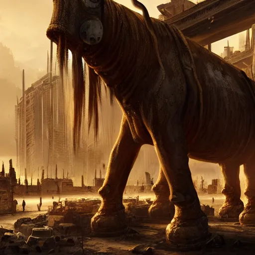 Prompt: golden mammoth in a ruined city, artstation, cgsociety, cgi, digital art, realistic, awards winning, dramatic, cinematic, artistic, famous, detailed