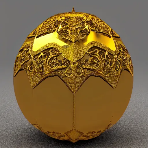 Prompt: iridescent magical sparkling dragon egg with intricate gold filigree designs realistic 3d render