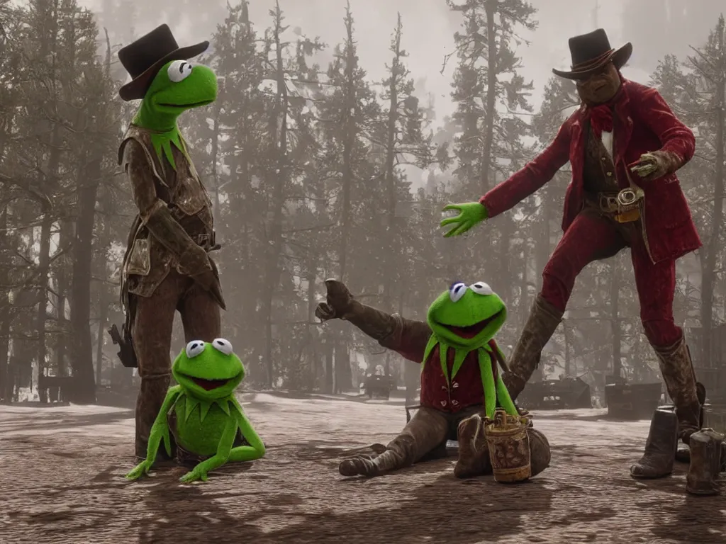 Image similar to Kermit the frog in Red Dead Redemption 2, snowy