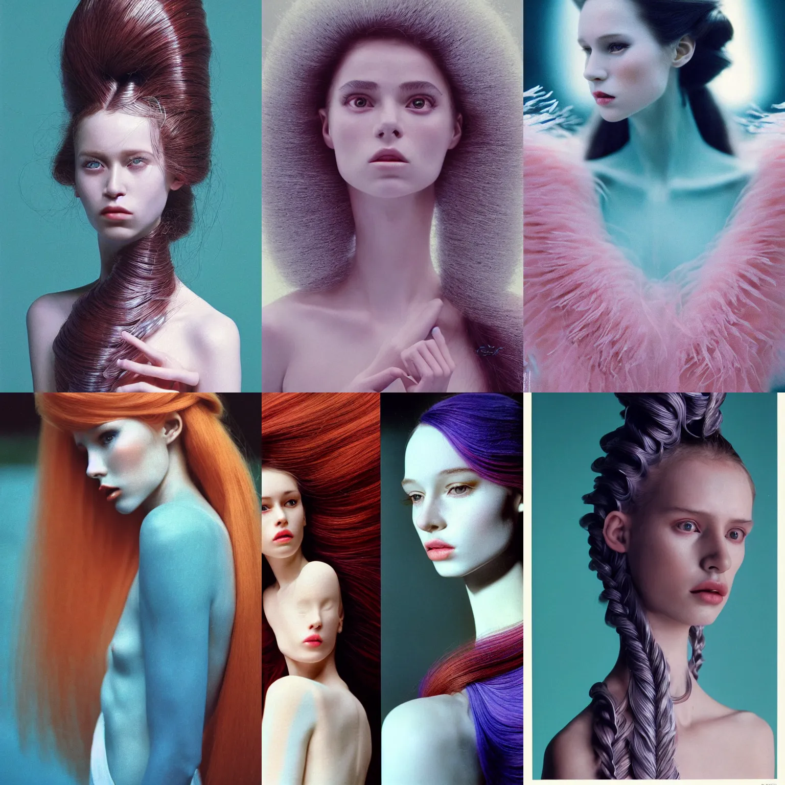 Prompt: Cinestill 800t, 8K, 35mm; beautiful ultra realistic minimalistic kinetic sculpure (1990) film still scene, 1990s frontiers in human anthropomorphic double helix hair fashion magazine September Agnieszka Lorek retrofuturism Holy Herndon in wes anderson edition, highly detailed, extreme closeup three-quarter portrait, tilt shift glass background, three point perspective, focus on model;blonde hair;body suit;open mouth;eye contact;pointé pose, soft lighting