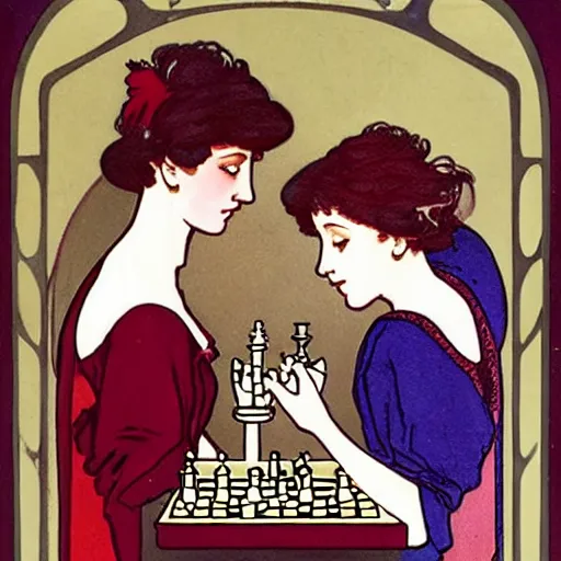 Prompt: two young edwardian women playing chess, in the style of mucha