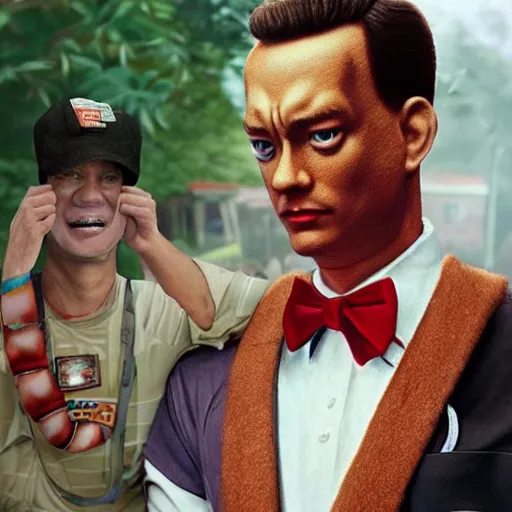 Image similar to a giant shrimp around the neck of tom hanks as forrest gump, photorealistic, cgsociety, artstation