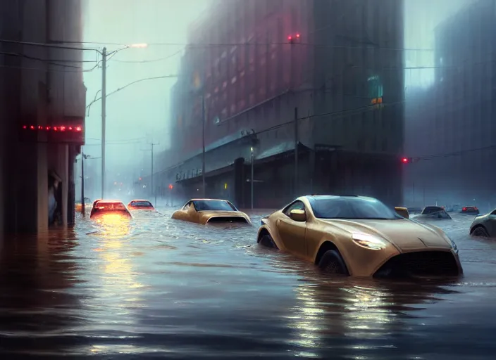 Image similar to cars driving through shallow water, flooded city, people walking through shallow water, muted colors, highly detailed, hyperrealistic, oil painting, intricate, cgsociety, artstation, 8 k, cinematic, soft lighting, by greg rutkowski, by wlop, by artgerm