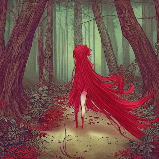 Prompt: a ultra detailed illustration of a red + haired + girl wandering alone in a mysterious forest in the style of thomke meyer and julia plath, on instagram, intricate, fantasy, hyperdetailed