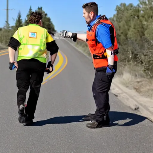 Prompt: a Patroller using their patroleon to help someone across the road