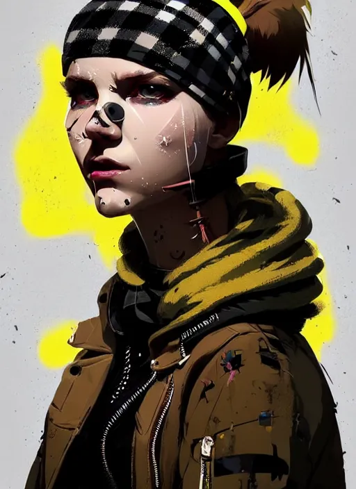 Image similar to highly detailed closeup portrait of a sewer punk pretty swedish female road warrior student, tartan garment, blonde hair pigtails with headband by atey ghailan, by greg rutkowski, by greg tocchini, by james gilleard, by joe fenton, by kaethe butcher, gradient yellow, black, brown and white color scheme, grunge aesthetic!!! white graffiti tag wall background