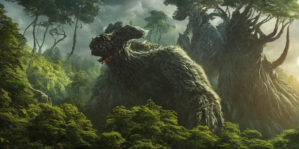 Image similar to close up of a giant monster rising from a forest. view from tree tops, 4 k, artgerm, high detail, dramatic lighting, sunset, hayao miyazaki, masashi ando, nizou yamamoto, kazuo oga, joe hisaishi, yoji takeshige, naoya tanaka