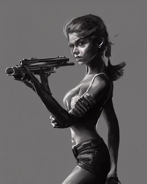 Image similar to Hyper realistic painting of a girl holding a gun, noir, hyper detailed, by greg rutkowski, trending on artstation