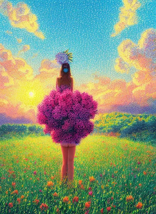 Image similar to girl with one flower head, in a field with flowers, hills, big trees, sunrise dramatic light, impressionist painting, colorful clouds, digital painting, pointillism, artstation, simon stalenhag