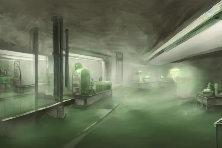 Image similar to underground lab kitchen, green water, foggy, concept art
