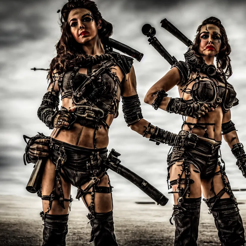 Image similar to full length photo of a very beautiful female atompunk warrior with weapons, 8 k, hdr, smooth, sharp focus, high resolution, award - winning photo