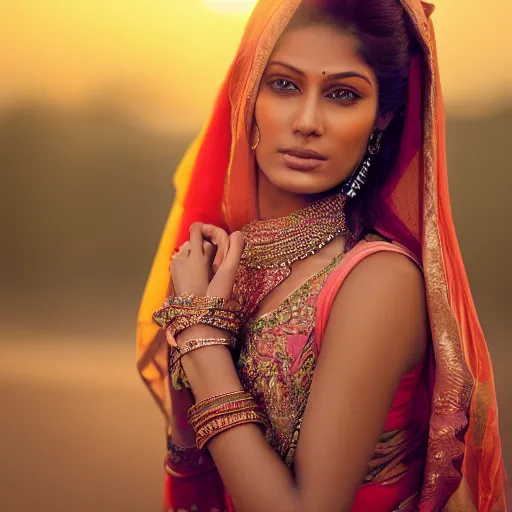 Prompt: a masterpiece detailed beautiful Indian female model at sunset, 8k