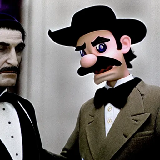 Prompt: movie still of waluigi in the godfather